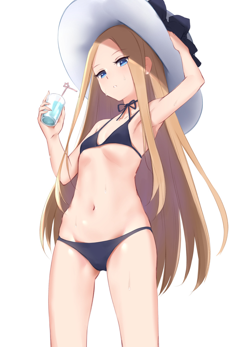 1girl abigail_williams_(fate/grand_order) arm_up armpits ass_visible_through_thighs bangs bikini black_bikini black_bow blonde_hair blue_eyes bow choker cup fate/grand_order fate_(series) forehead hat hat_bow highres holding holding_cup jilu long_hair looking_at_viewer navel parted_bangs ribbon_choker simple_background skindentation solo standing stomach swimsuit very_long_hair white_background white_headwear