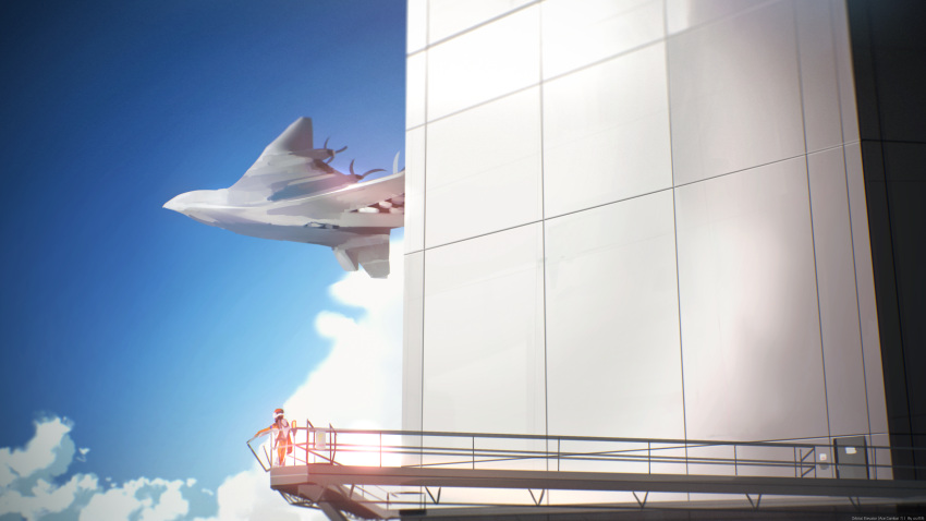 1girl ace_combat_7 aircraft airplane arkbird artist_name blue_sky clouds copyright_name helmet highres kowaremashita railing rosa_cossette_d'elise scaffolding sky solo