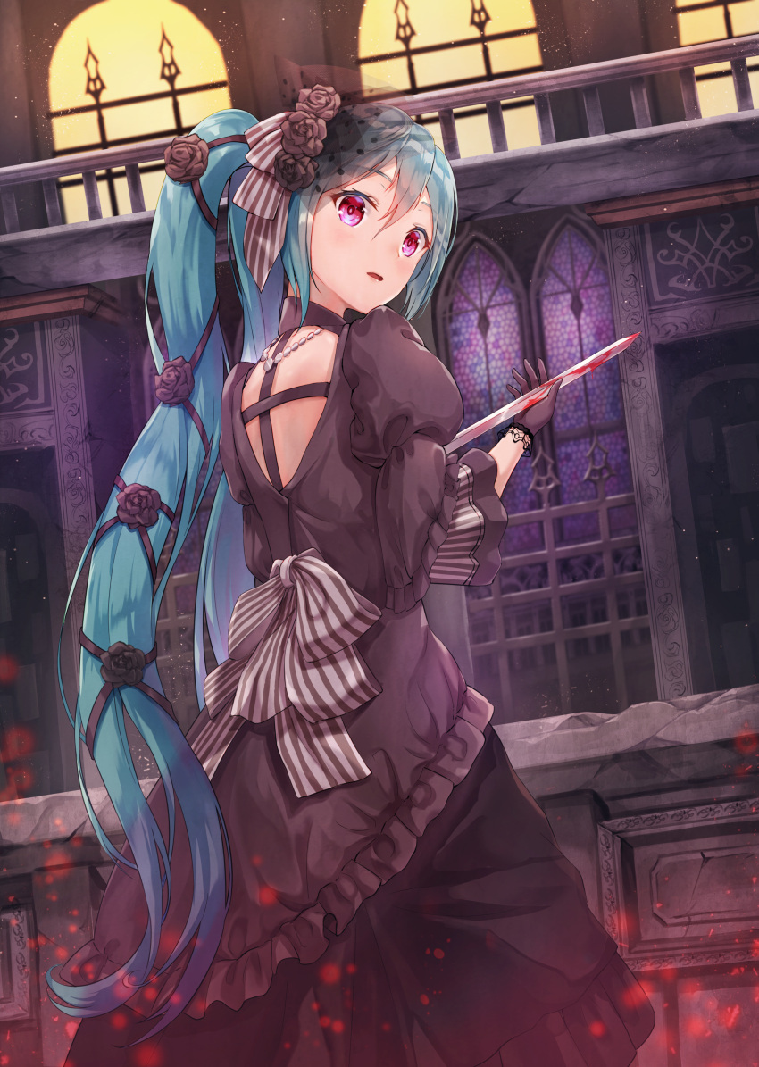 1girl absurdres bangs black_dress black_flower black_gloves black_ribbon black_rose blood bloody_weapon blue_hair bow commentary_request dress dutch_angle eyebrows_visible_through_hair flower frilled_dress frills gloves gothic_lolita hair_between_eyes hair_bow hair_flower hair_ornament hair_ribbon hatsune_miku highres holding holding_sword holding_weapon indoors lolita_fashion long_hair looking_at_viewer looking_back lunacle parted_lips puffy_short_sleeves puffy_sleeves ribbon rose see-through short_sleeves solo stained_glass striped striped_bow sword twintails very_long_hair violet_eyes vocaloid weapon white_bow wide_sleeves window