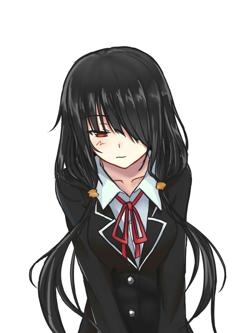 1girl absurdres black_hair blush collarbone date_a_live hair_over_one_eye highres long_hair looking_down qiye_luoying red_eyes school_uniform simple_background solo tokisaki_kurumi white_background