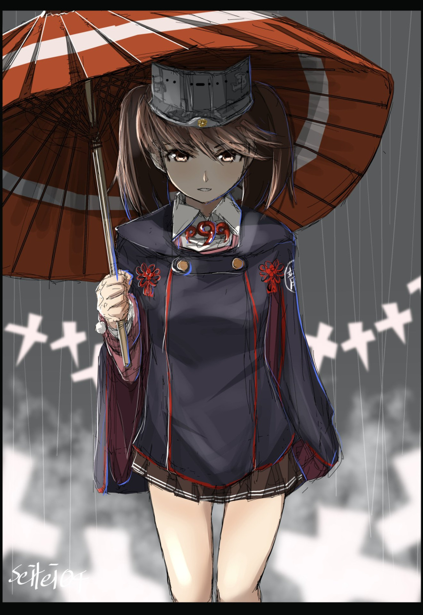 1girl brown_eyes brown_hair brown_skirt chiyoda_(kantai_collection) chiyoda_(kantai_collection)_(cosplay) commentary_request cosplay highres japanese_clothes kantai_collection kariginu long_sleeves magatama miniskirt oriental_umbrella pleated_skirt rain raincoat ryuujou_(kantai_collection) seitei_(04seitei) shikigami signature sketch skirt solo twintails umbrella visor_cap wide_sleeves