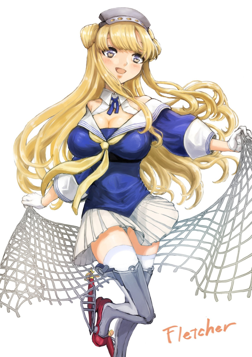 1girl blonde_hair blue_eyes blue_shirt breasts cargo_net character_name commentary_request cowboy_shot double_bun fletcher_(kantai_collection) gloves hairband highres kantai_collection large_breasts long_hair neckerchief net off_shoulder open_mouth pleated_skirt sailor_collar school_uniform serafuku shin_guards shirt simple_background skirt smile solo standing standing_on_one_leg thigh-highs tsukimura_(d24f4z8j3t) white_background white_gloves white_legwear white_sailor_collar white_skirt yellow_neckwear