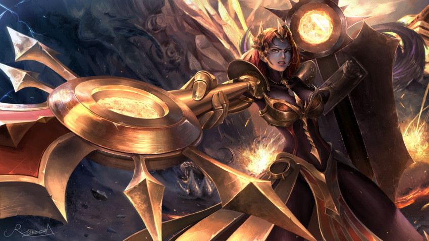 1girl battle bodysuit boobplate breastplate breasts brown_eyes deardd highres large_breasts league_of_legends leona_(league_of_legends) orange_hair pelvic_curtain shield signature sword tagme weapon