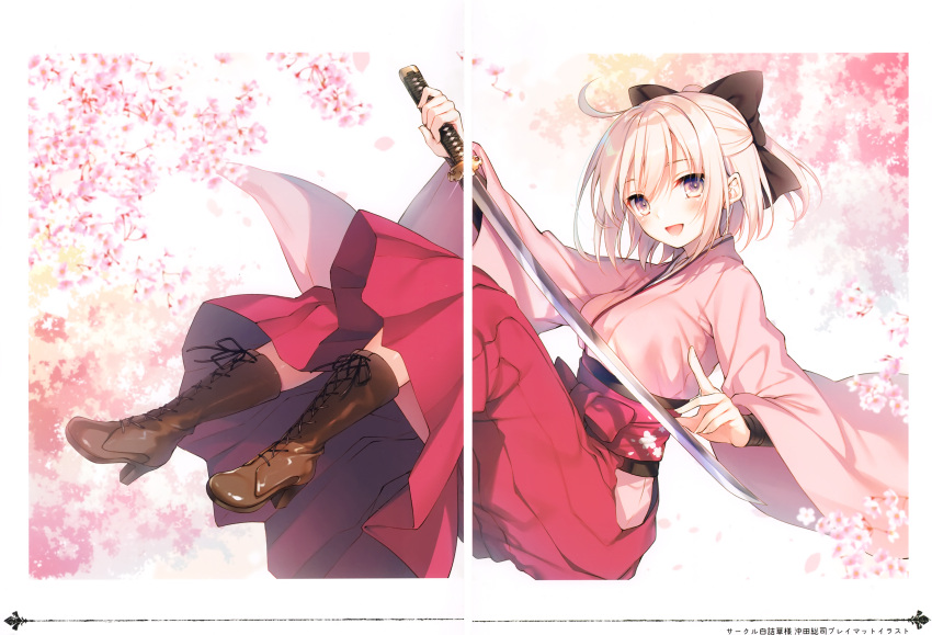 1girl :d absurdres ahoge bangs black_bow blonde_hair blush boots bow brown_footwear cherry_blossoms cross-laced_footwear fate_(series) full_body glint hair_bow hakama half_updo highres hip_vent holding holding_sword holding_weapon japanese_clothes katana kimono knee_boots koha-ace lace-up_boots long_sleeves midair okita_souji_(fate) okita_souji_(fate)_(all) open_mouth petals pink_hakama pink_kimono scan sheath short_hair smile solo sword toosaka_asagi unsheathing weapon wide_sleeves yellow_eyes