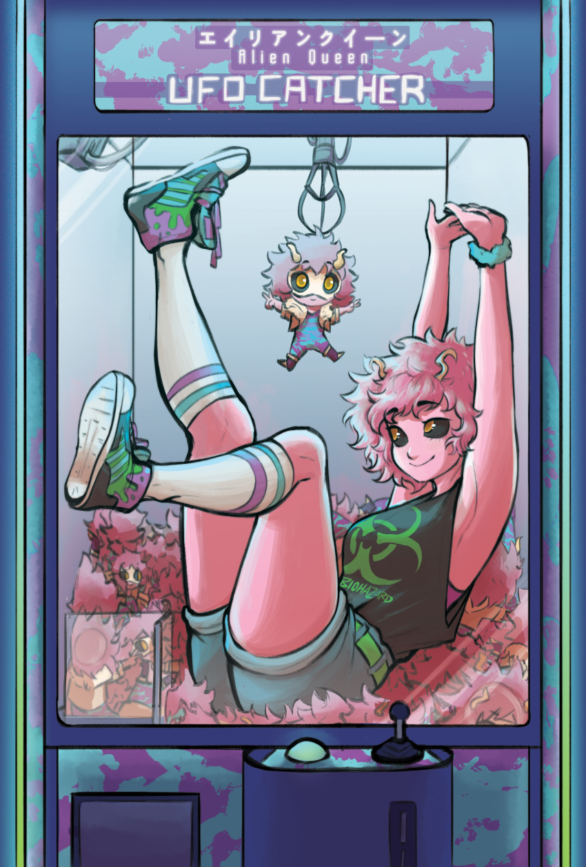 1girl absurdres armpits arms_up ashido_mina bangs bare_arms belt black_sclera boku_no_hero_academia casual closed_mouth clothes_writing crane_game english_text eyebrows_visible_through_hair full_body highres horns huge_filesize indoors legs_up looking_up lying on_back orange_eyes outstretched_arms outstretched_leg own_hands_together pink_hair pink_skin sabi_(sabimakii) scrunchie shirt shoe_soles shoes short_hair shorts sleeveless sleeveless_shirt smile socks solo stuffed_toy wrist_scrunchie