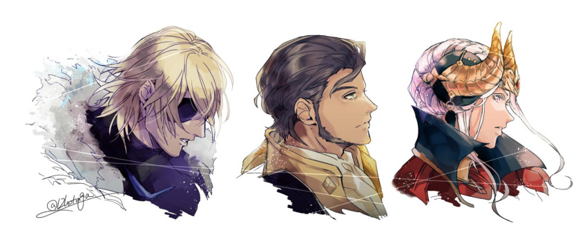 1girl 2boys beard blonde_hair blue_eyes braid brown_hair cape claude_von_regan_(fire_emblem) crown dark_skin dimitri_alexandre_bladud_(fire_emblem) earrings edelgard_von_hresvelgr_(fire_emblem) eyepatch facial_hair fire_emblem fire_emblem:_three_houses fur_trim green_eyes horns hotate_rayan jewelry long_hair multiple_boys older short_hair simple_background