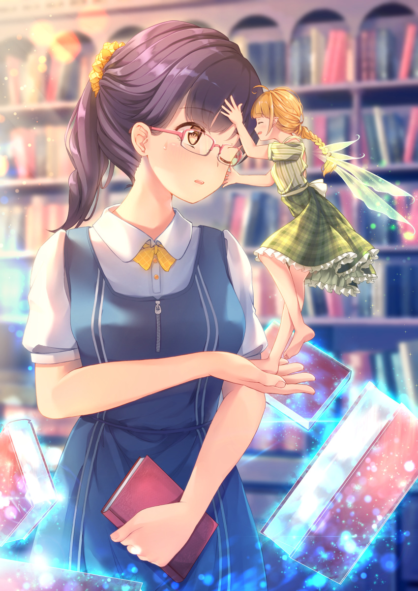 2girls absurdres ahoge barefoot black_hair blonde_hair blurry blurry_background blush book bookshelf braided_ponytail closed_eyes dress fairy fairy_wings glasses green_dress hair_ornament hair_scrunchie hand_to_head highres huge_filesize indoors library long_hair magic multiple_girls one_eye_closed open_mouth original pink-framed_eyewear plaid plaid_dress pointy_ears scrunchie shirt short_sleeves standing sweatdrop uniform unwitherer white_shirt wings yellow_neckwear yellow_scrunchie yuri zipper