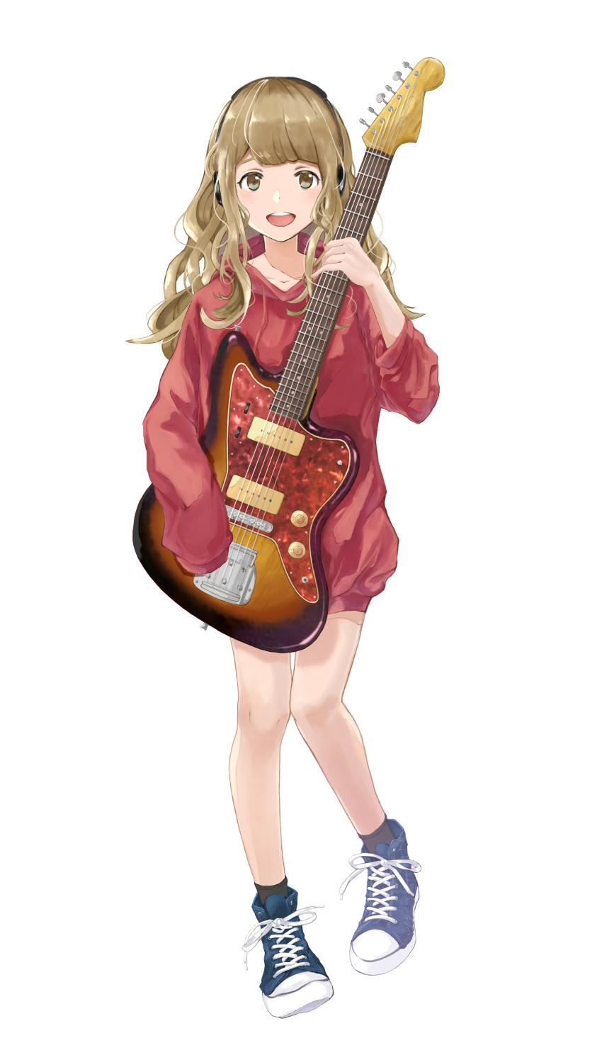 1girl absurdres ao_ao_konno brown_eyes cross-laced_footwear full_body guitar headphones highres holding holding_instrument instrument light_brown_hair looking_at_viewer original shoes simple_background sleeves_past_fingers sleeves_past_wrists smile sneakers socks solo standing white_background