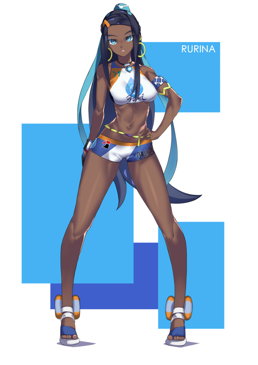 1girl armlet bare_shoulders black_hair blue_eyes blue_hair breasts character_name dark_skin earrings forehead full_body gloves hair_bun highres hoop_earrings jewelry legs long_hair looking_at_viewer mrnn navel necklace pokemon pokemon_(game) pokemon_swsh ponytail rurina_(pokemon) sandals shorts single_glove solo sports_bra sportswear thighs