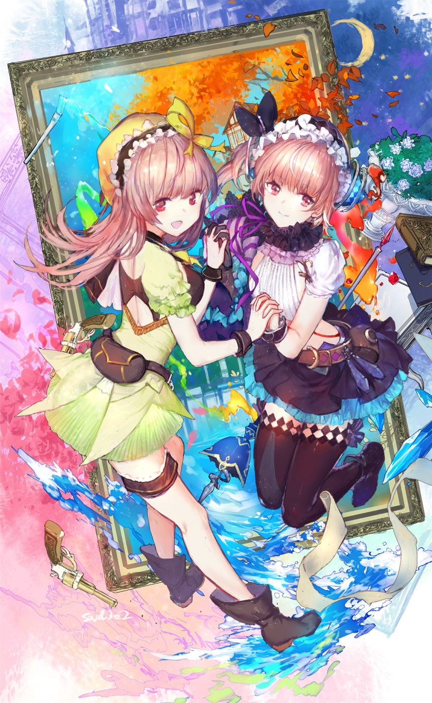 2girls :d atelier_(series) atelier_lydie_&amp;_suelle bangs black_footwear black_gloves black_hairband black_legwear black_ribbon black_skirt book boots breasts brown_hair closed_mouth crescent crop_top dress eyebrows_visible_through_hair fire flower frilled_hairband frills gloves green_dress gun hair_between_eyes hair_ribbon hairband highres holding_hands interlocked_fingers long_hair looking_at_viewer looking_to_the_side lydie_marlen medium_breasts multiple_girls open_mouth painting_(object) picture_frame pleated_skirt puffy_short_sleeves puffy_sleeves red_eyes ribbon rose ruby_(gemstone) shirt short_sleeves siblings side_ponytail single_glove sisters skirt smile suelle_marlen swd3e2 thigh-highs twins water weapon white_flower white_rose white_shirt wrist_cuffs