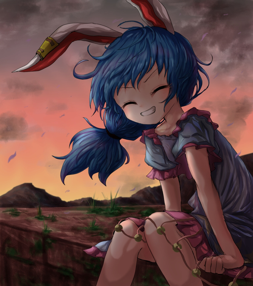 1girl animal_ears blue_dress brick_wall closed_eyes clouds cloudy_sky dress ear_clip eyebrows_visible_through_hair facing_viewer feet_out_of_frame grass grin hair_blowing highres kayon_(touzoku) knees_together layered_dress leaning_forward long_hair low-tied_long_hair mountain pink_skirt puffy_short_sleeves puffy_sleeves rabbit_ears red_sky seiran_(touhou) short_sleeves sitting skirt sky smile solo sunset touhou twilight wind