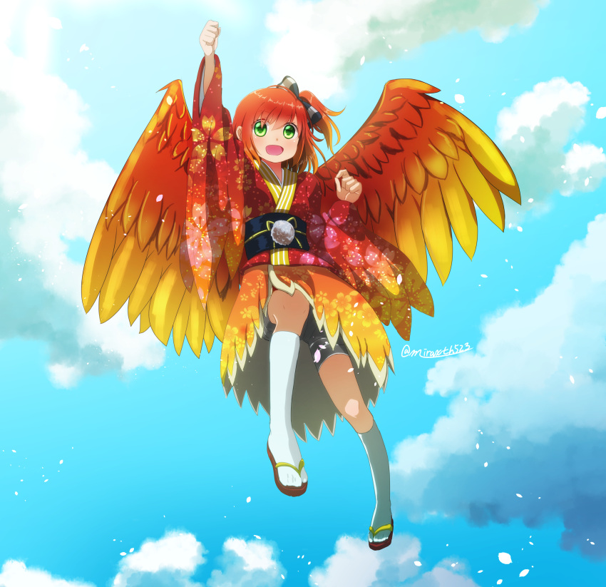 1girl arm_up artist_name bangs banjo-kazooie bird_wings blush bow clenched_hand clouds gradient_hair green_eyes hair_bow highres japanese_clothes kazooie_(banjo-kazooie) kimono looking_at_viewer miraxth523 multicolored_hair new_year open_mouth orange_hair personification petals short_ponytail shorts sky smile solo tabi wings