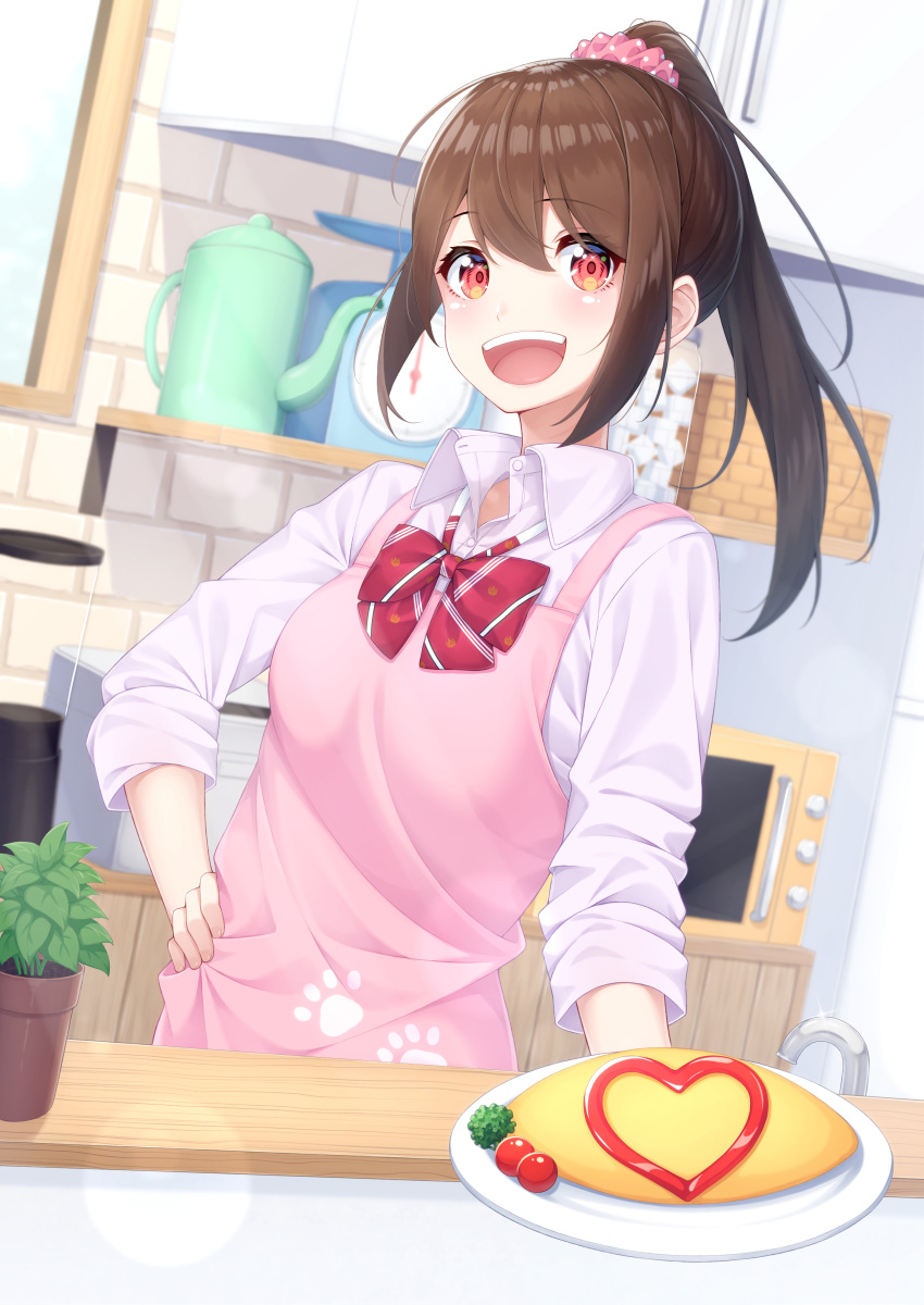 1girl absurdres apron bow brown_hair collared_shirt food hair_ornament hair_scrunchie hand_on_hip heart highres indoors long_hair long_sleeves microwave ochiai_miyabi omurice open_mouth original paw_print_pattern pink_scrunchie plant ponytail potted_plant red_bow red_eyes school_uniform scrunchie shirt sidelocks smile solo teapot weighing_scale white_shirt