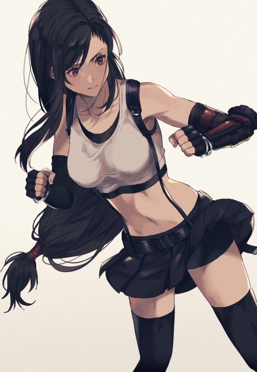 1girl arm_guards black_legwear black_skirt bracelet clenched_hands crop_top elbow_gloves fighting_stance final_fantasy final_fantasy_vii final_fantasy_vii_remake fingerless_gloves gloves grey_background highres humiyooo jewelry long_hair looking_to_the_side low-tied_long_hair midriff miniskirt navel serious simple_background skirt solo stomach suspenders tank_top thigh-highs tifa_lockhart undershirt