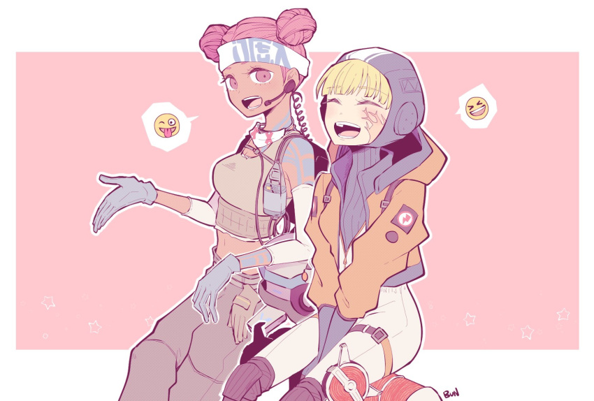 1girl 5unri5e666 :d ;p apex_legends arm_at_side artist_name backpack bag bangs between_legs blonde_hair blue_gloves blunt_bangs blush bodysuit breasts cable character_name closed_eyes closed_mouth coiled_cord commentary_request cropped_jacket dark_skin double_bun elbow_pads eyebrows_visible_through_hair facial_scar gloves hand_between_legs hand_up headband headset highres jacket knee_pads lifeline_(apex_legends) long_sleeves looking_at_viewer mask_around_neck medic medium_breasts one_eye_closed open_clothes open_jacket open_mouth orange_jacket pink_eyes pink_hair ribbed_bodysuit scar scar_on_cheek short_hair shoulder_tattoo sitting small_breasts smile solo surgical_mask tattoo thigh_strap tongue tongue_out upper_body wattson_(apex_legends) zipper
