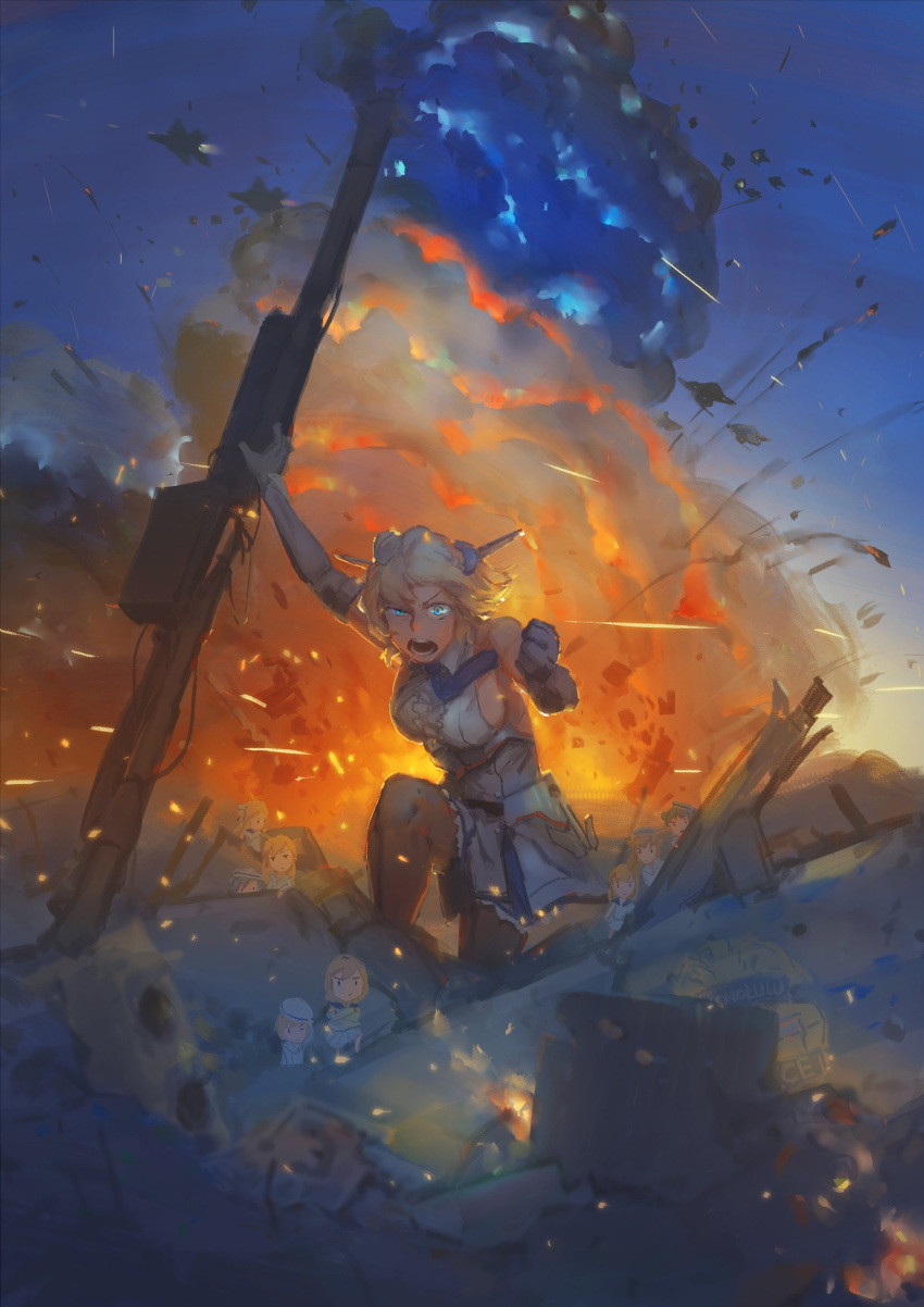 6+girls absurdres aircraft airplane black_gloves blonde_hair blue_eyes breasts clenched_hand colorado_(kantai_collection) elbow_gloves enemy_aircraft_(kantai_collection) explosion fairy_(kantai_collection) fire gloves headgear highres jet kantai_collection kneeling minigirl multiple_girls open_mouth outdoors pantyhose shinkaisei-kan short_hair skirt sky thigh-highs ye_fan