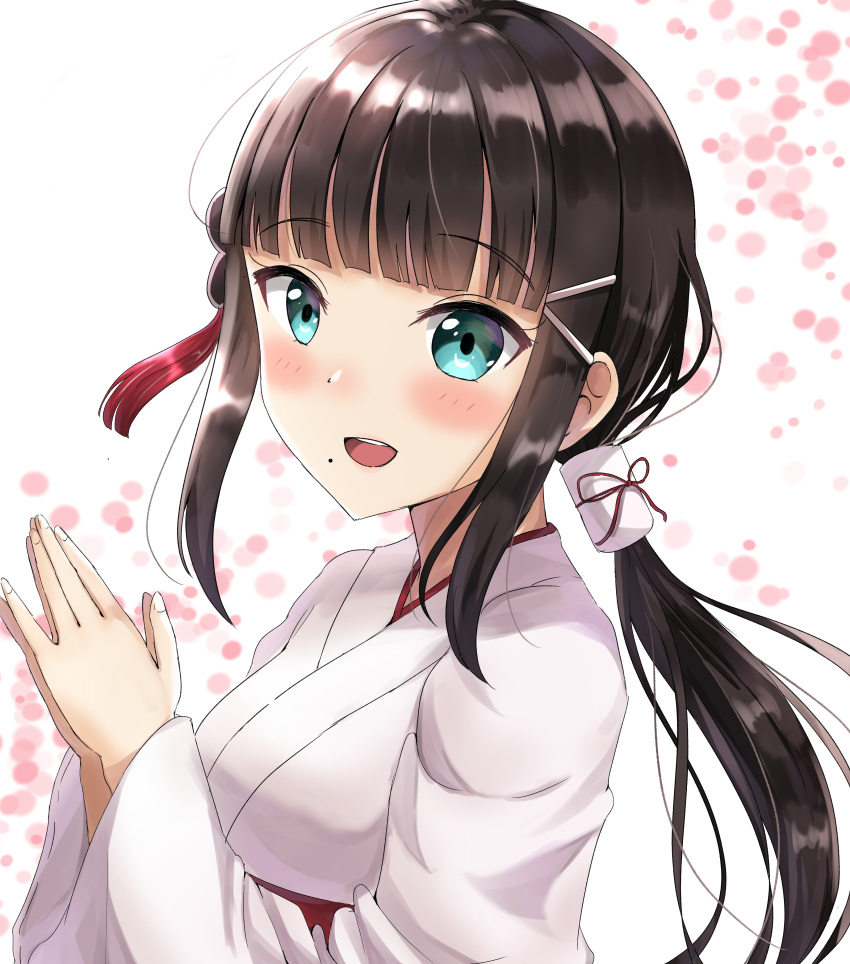 1girl :d absurdres bangs black_hair blue_eyes blunt_bangs eyebrows_visible_through_hair floating_hair hair_ornament hands_together highres japanese_clothes kimono kurosawa_dia long_hair long_sleeves love_live! love_live!_sunshine!! miko mole mole_under_mouth open_mouth shiny shiny_hair sidelocks sin_(sin52y) smile solo upper_body very_long_hair white_background white_kimono