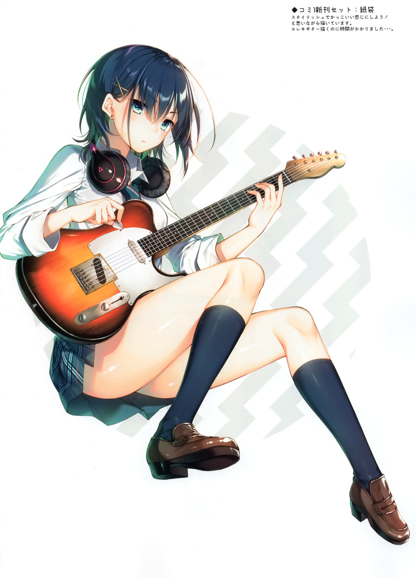 1girl absurdres black_legwear blue_eyes blue_hair blush dress_shirt earrings electric_guitar full_body guitar hair_ornament hairclip headphones headphones_around_neck highres instrument jewelry kneehighs loafers long_sleeves looking_at_viewer necktie original plaid plaid_skirt plectrum scan school_uniform shirt shoes short_hair simple_background skirt solo striped striped_neckwear telecaster toosaka_asagi triforce white_background white_shirt x_hair_ornament