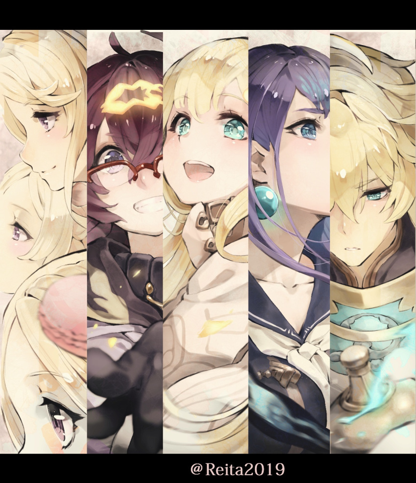 1boy 6+girls :d ahoge aladdin_(sinoalice) aqua_eyes artist_name blonde_hair blue_eyes blue_hair commentary_request dorothy_(sinoalice) earrings eyebrows_visible_through_hair green_eyes grin hair_ornament hairclip highres hoshizaki_reita jewelry letterboxed looking_at_viewer looking_down looking_to_the_side messy_hair multiple_girls ningyo_hime_(sinoalice) open_mouth over-rim_eyewear purple_hair rapunzel_(sinoalice) sailor_collar semi-rimless_eyewear sinoalice smile three_little_pigs_(sinoalice) upper_teeth violet_eyes