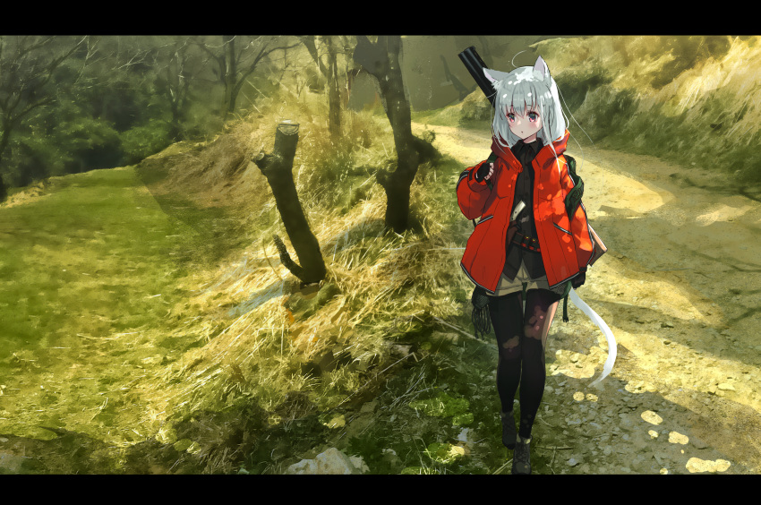 1girl absurdres ahoge animal_ears backpack bag black_gloves black_legwear black_shirt cat_ears cat_girl cat_tail collared_shirt double-barreled_shotgun dress_shirt fingerless_gloves gloves grey_shorts gun highres holster huge_filesize jacket letterboxed log long_hair looking_to_the_side nature oota_youjo open_clothes open_jacket original outdoors pantyhose path red_eyes red_jacket road shirt shoes short_shorts shorts shotgun solo tail walking weapon weapon_on_back white_hair