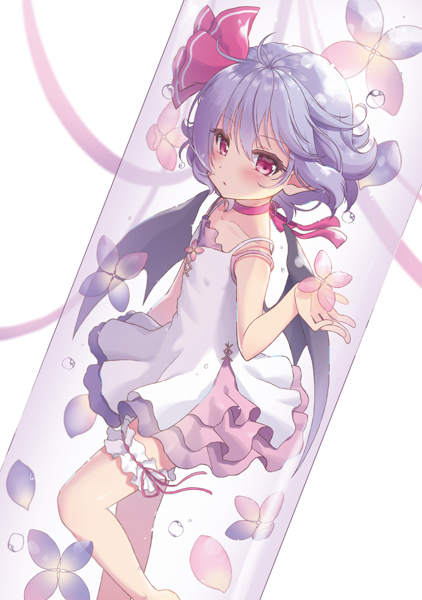 1girl alternate_costume bangs bare_arms bare_shoulders barefoot bat_wings beni_kurage blue_hair blush choker collarbone commentary_request dress dutch_angle eyebrows_visible_through_hair feet_out_of_frame flat_chest hair_between_eyes hair_ribbon hand_up highres in_container layered_skirt leg_garter looking_at_viewer miniskirt no_hat no_headwear petals pink_ribbon pink_skirt pointy_ears red_choker red_eyes red_ribbon remilia_scarlet ribbon ribbon_choker short_hair simple_background skirt solo spaghetti_strap touhou white_background white_dress wings