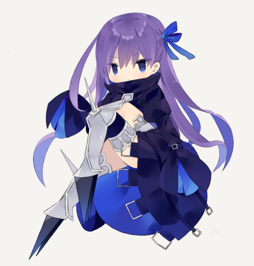 1girl bangs black_jacket blue_bow blue_eyes blush bow closed_mouth eyebrows_visible_through_hair fate/extra fate/extra_ccc fate_(series) full_body grey_background hair_between_eyes hair_bow highres jacket juliet_sleeves knee_up long_hair long_sleeves meltryllis mimo_lm puffy_sleeves purple_hair simple_background sleeves_past_fingers sleeves_past_wrists solo spikes very_long_hair wide_sleeves