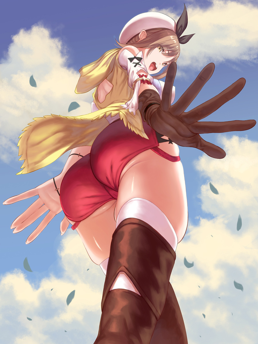 1girl ass atelier_(series) atelier_ryza blue_sky bow bracelet breasts brown_eyes brown_gloves brown_hair clouds commentary_request falling_leaves from_below gloves gwtm2288 hair_bow hat highres jewelry large_breasts leaf open_mouth red_shorts reisalin_stout short_shorts shorts sky solo thigh-highs thighs