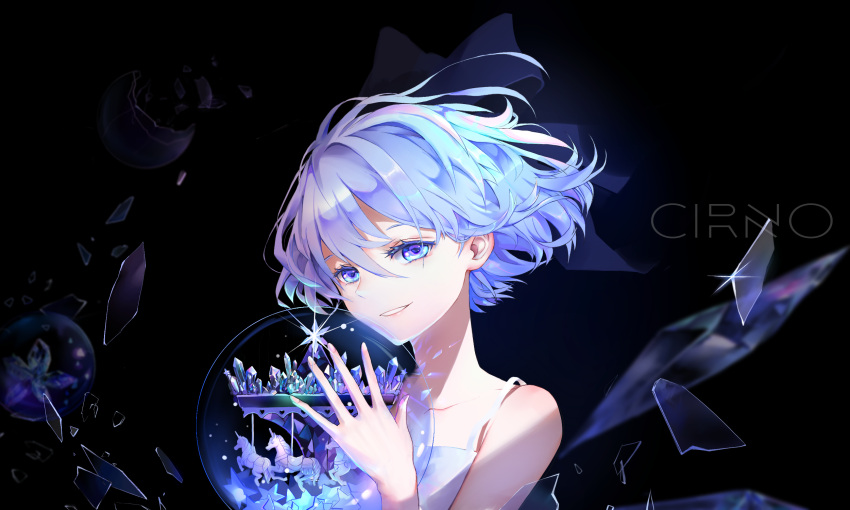 1girl alternate_costume black_background blue_bow blue_eyes blue_hair bow broken_glass carousel character_name cirno collarbone commentary_request crystal dress glass hair_between_eyes hair_bow highres holding ice ice_wings light lips looking_at_viewer nose open_mouth short_hair simple_background sleeveless sleeveless_dress smile snow_globe solo sundress touhou tuanz white_dress wings