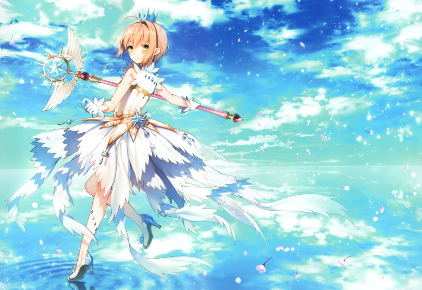 1girl absurdres bangs blue_sky blush cardcaptor_sakura closed_mouth clouds cloudy_sky crown day dress eyebrows_visible_through_hair flower gloves green_eyes hair_between_eyes high_heels highres holding holding_wand horizon huge_filesize kinomoto_sakura light_brown_hair looking_at_viewer looking_to_the_side mini_crown ocean outdoors petals pink_flower reflection ripples sky sleeveless sleeveless_dress smile solo standing standing_on_one_leg toosaka_asagi wand water white_dress white_footwear white_gloves yume_no_tsue