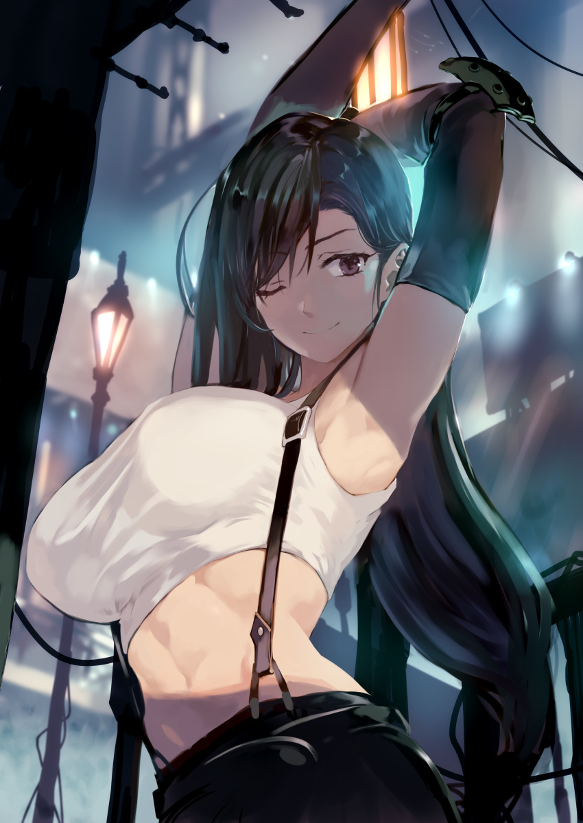 1girl absurdres arm_up armpits bare_shoulders black_gloves black_hair black_skirt bob_(biyonbiyon) breasts brown_eyes closed_mouth commentary_request crop_top elbow_gloves final_fantasy final_fantasy_vii final_fantasy_vii_remake gloves highres lamppost large_breasts long_hair looking_at_viewer midriff one_eye_closed shirt skirt sleeveless sleeveless_shirt smile solo suspenders tank_top taut_clothes taut_shirt tifa_lockhart upper_body very_long_hair white_shirt