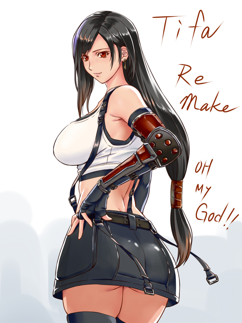 1girl armpit_crease ass bare_shoulders belt black_skirt breasts brown_hair earrings elbow_gloves english_text final_fantasy final_fantasy_vii final_fantasy_vii_remake fingerless_gloves from_behind gloves highres jewelry long_hair looking_back low-tied_long_hair medium_breasts midriff miniskirt red_eyes skirt smile solo suspender_skirt suspenders suuitchi tank_top tifa_lockhart