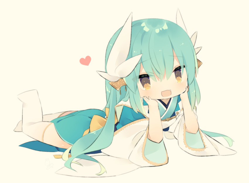 1girl :d arm_support bangs beige_background blue_kimono bow brown_eyes chibi dragon_horns eyebrows_visible_through_hair fang fate/grand_order fate_(series) green_hair hair_between_eyes heart horns japanese_clothes kimono kiyohime_(fate/grand_order) leg_up long_hair looking_at_viewer lying mimo_lm no_shoes on_stomach open_mouth short_sleeves simple_background smile solo very_long_hair white_legwear wide_sleeves yellow_bow