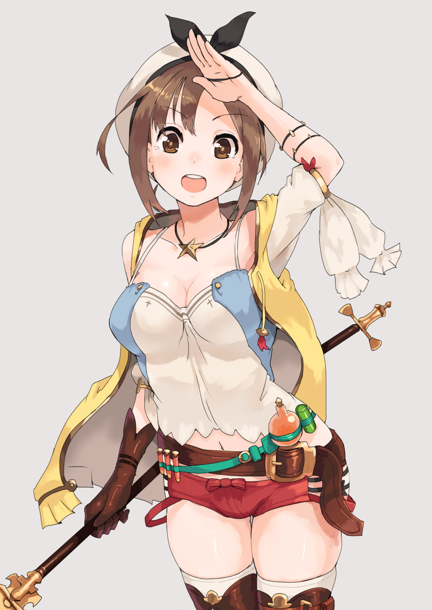 1girl absurdres atelier_(series) atelier_ryza belt blush breasts brown_eyes brown_hair derivative_work eyebrows_visible_through_hair gloves hair_ornament hairclip hat highres jewelry katsu_(katsupainter) looking_at_viewer navel necklace open_mouth red_shorts reisalin_stout short_shorts shorts solo star thighs