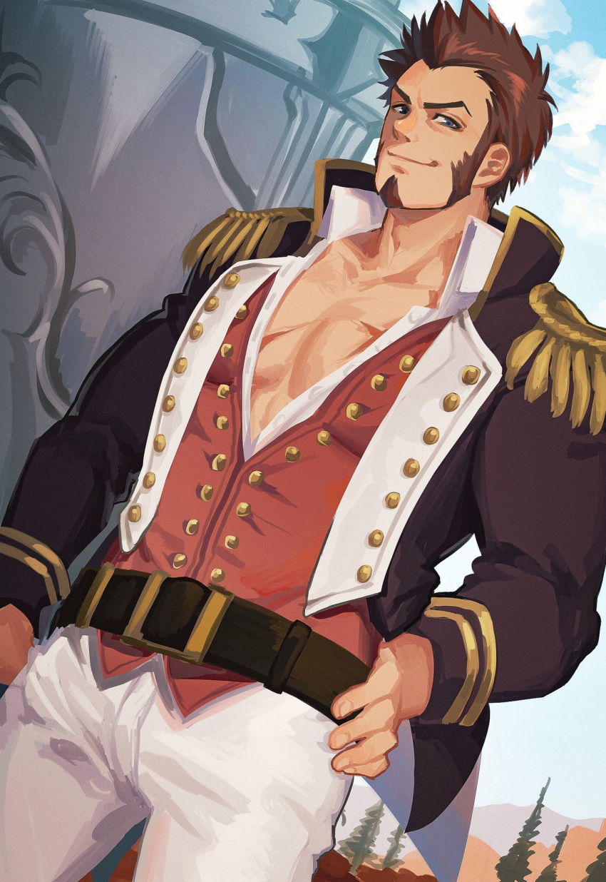 1boy abs bara beard belt blue_eyes brown_hair clouds cloudy_sky facial_hair fate/grand_order fate_(series) hand_on_hip highres looking_at_viewer male_focus muscle napoleon_bonaparte_(fate/grand_order) open_clothes open_shirt pants pectorals scar sgy_sn sky smile solo standing tree uniform weapon