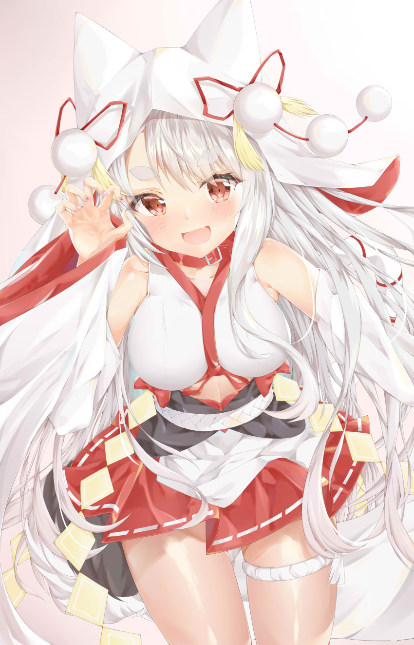 1girl :d absurdres azur_lane blush breasts claw_pose collar commentary_request detached_sleeves fang highres hood japanese_clothes kinako12547 large_breasts long_hair looking_at_viewer multicolored multicolored_nails open_mouth red_collar red_eyes red_skirt short_eyebrows silver_hair skirt smile solo thick_eyebrows thigh_strap thighs very_long_hair white_sleeves yuudachi_(azur_lane)