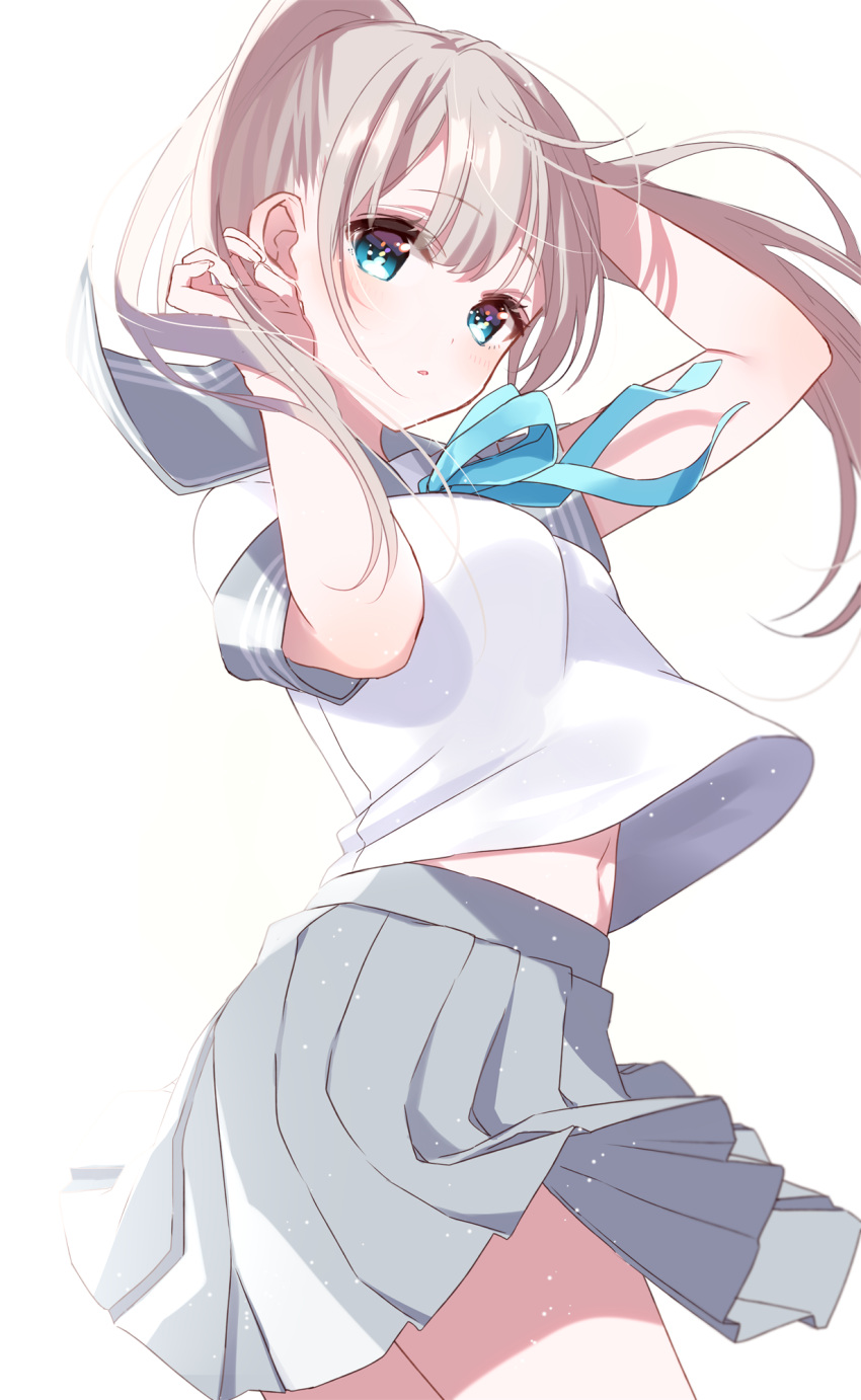 1girl :o arm_up bangs blue_eyes blue_ribbon blush breasts brown_hair commentary_request eyebrows_visible_through_hair grey_sailor_collar grey_skirt hand_in_hair hand_up head_tilt high_ponytail highres long_hair looking_at_viewer misumi_(macaroni) navel neck_ribbon original parted_lips pleated_skirt ponytail ribbon sailor_collar shirt short_sleeves simple_background skirt small_breasts solo very_long_hair white_background white_shirt