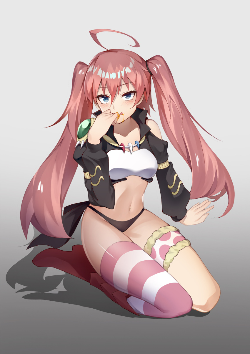 1girl :q absurdres ahoge asymmetrical_legwear black_panties black_sleeves blue_eyes boots bra breasts eyebrows_visible_through_hair floating_hair grey_background hair_between_eyes highres kneeling long_hair long_sleeves looking_at_viewer midriff milim_nava navel panties pink_hair red_footwear shiny shiny_hair simple_background small_breasts solo stomach striped striped_legwear tensei_shitara_slime_datta_ken thigh_strap tongue tongue_out twintails underwear very_long_hair white_bra xie_wang