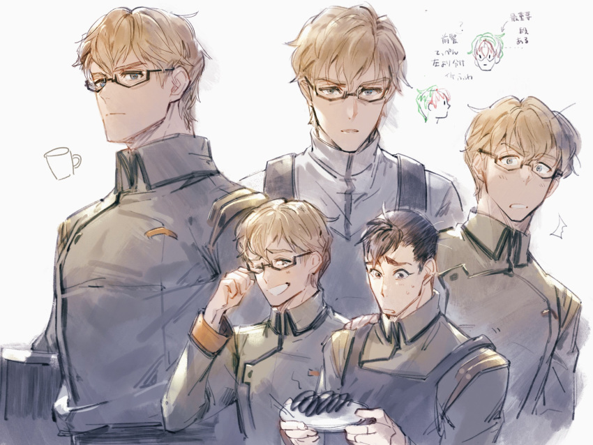 adam_(voltron) apron black_hair bomssp brown_hair burnt_food couple dark_skin dark_skinned_male glasses highres hyakujuu-ou_golion male_focus military military_uniform takashi_shirogane uniform voltron:_legendary_defender