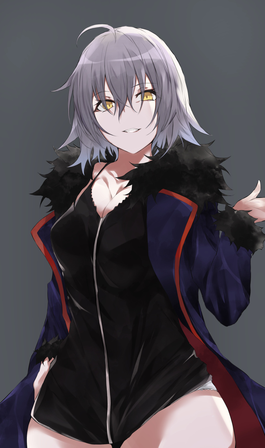 absurdres ahoge breasts commentary_request fate/grand_order fate_(series) grey_background highres jacket jeanne_d'arc_(alter)_(fate) jeanne_d'arc_(fate)_(all) large_breasts looking_at_viewer short_hair smile thighs wicked_dragon_witch_ver._shinjuku_1999 yellow_eyes yuki_maccha_(yukimattya10)