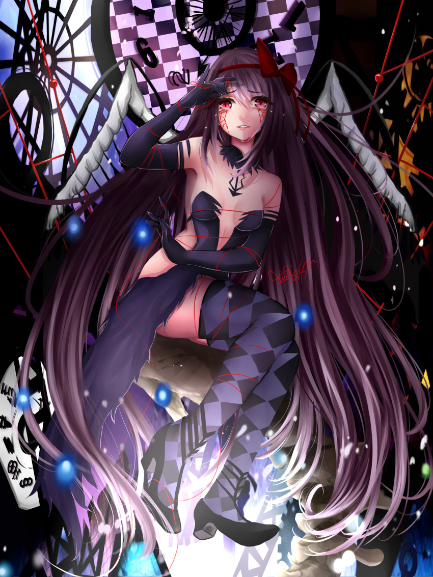 1girl absurdres akemi_homura akuma_homura bare_shoulders breasts breasts_apart checkered_pattern elbow_gloves feathers gloves high_heels highres katrina_lynn long_hair magical_girl mahou_shoujo_madoka_magica mahou_shoujo_madoka_magica_movie medium_breasts number purple_hair red_eyes red_string solo string thigh-highs thighs very_long_hair wings