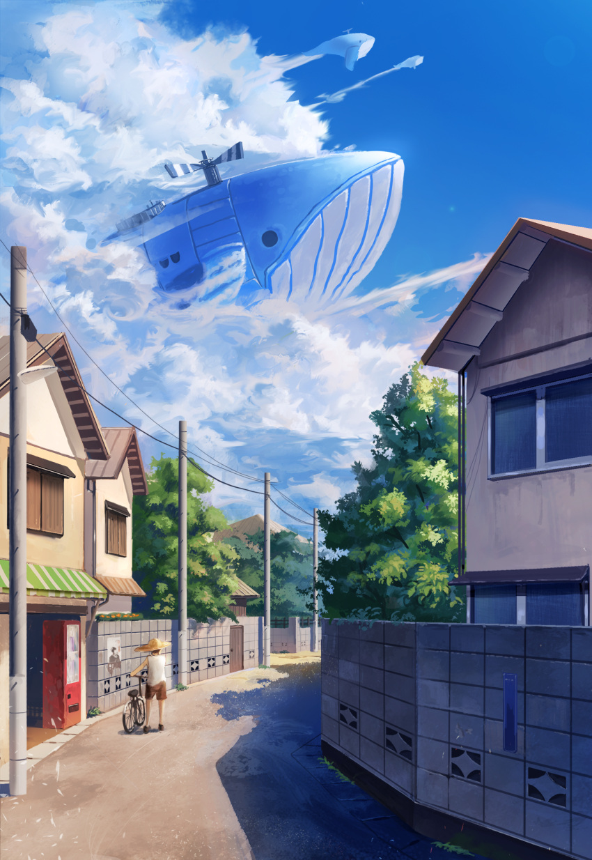 1other aircraft airship ambiguous_gender bicycle blue_sky brown_shorts building clouds cloudy_sky commentary_request day door fantasy fjsmu ground_vehicle hat highres house original outdoors power_lines rural scenery shirt shoes shorts sky straw_hat sunlight tree vending_machine whale white_shirt