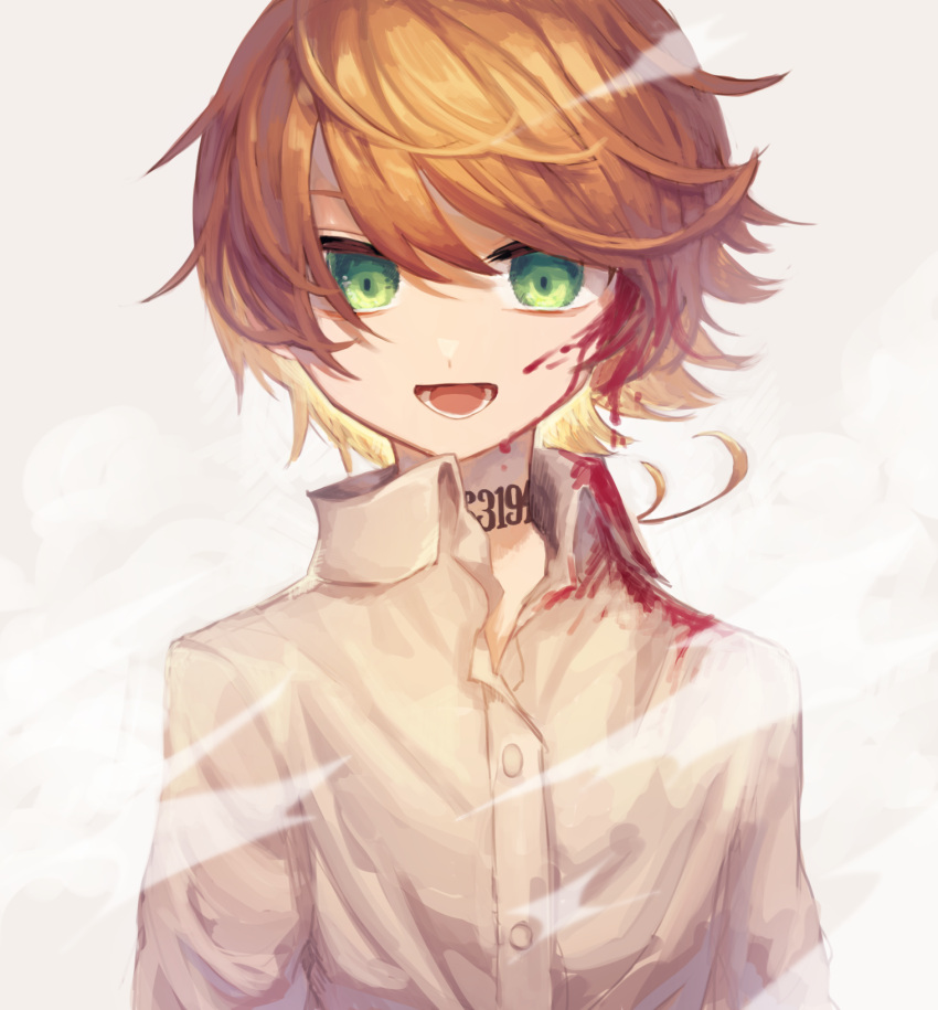 1girl :d bangs blonde_hair blood blood_on_face bloody_clothes collared_shirt dress_shirt emma_(yakusoku_no_neverland) green_eyes hair_between_eyes highres looking_at_viewer notsuki_(koma128) number open_mouth shirt short_hair smile solo swept_bangs tattoo upper_body white_background white_shirt wing_collar yakusoku_no_neverland