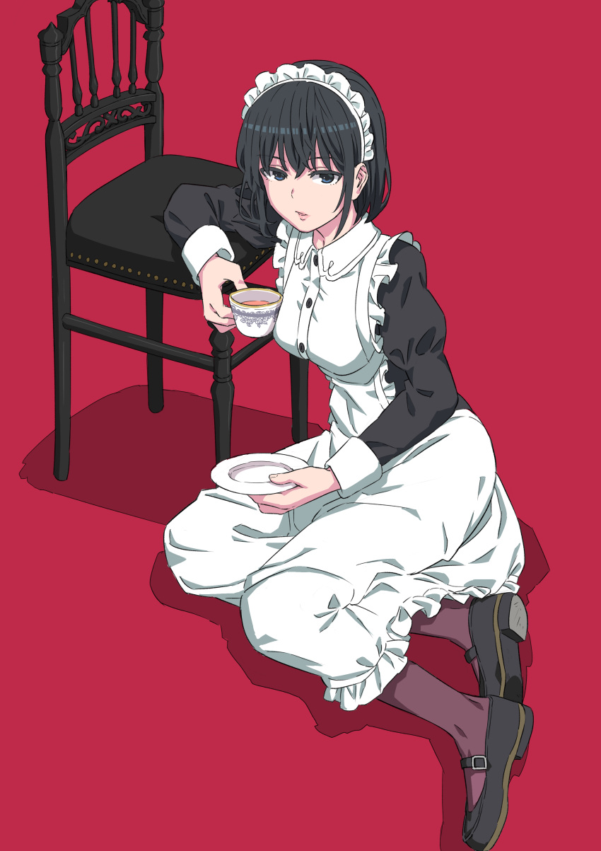 1girl absurdres apron black_hair blue_eyes chair commentary cup highres holding looking_at_viewer maid maid_apron maid_headdress mary_janes original pantyhose plate shoes short_hair simple_background sitting solo teacup tuskryo yokozuwari