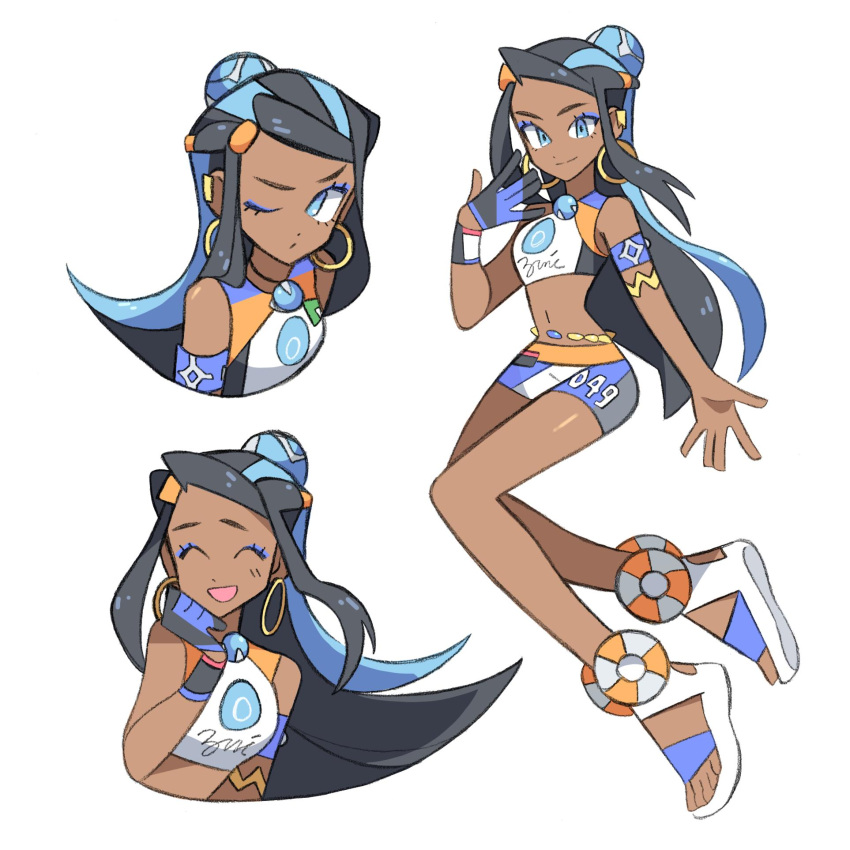 1girl armlet black_hair blue_eyes blue_hair dark_skin full_body gloves hair_bun highres holding jewelry navel necklace partly_fingerless_gloves pokemon pokemon_(game) pokemon_swsh ponytail rurina_(pokemon) single_glove sports_bra sportswear starrymarii