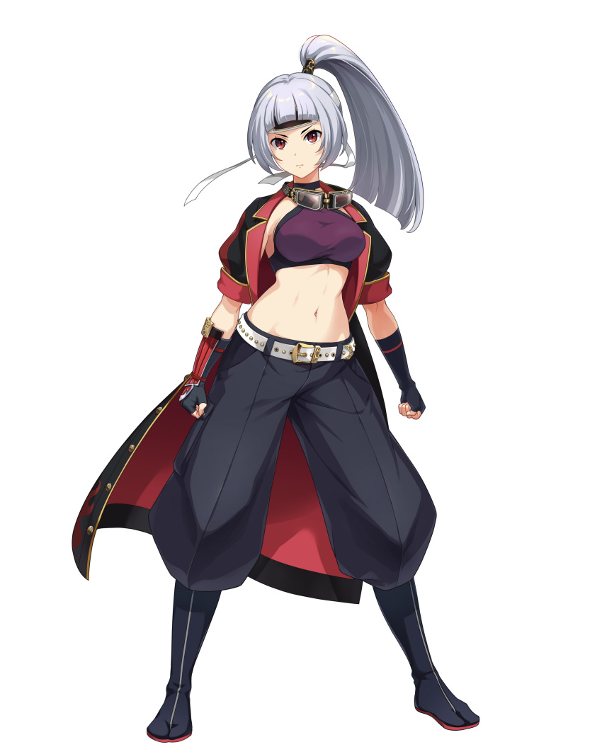 1girl absurdres black_footwear black_gloves breasts character_request gloves goggles goggles_around_neck high_ponytail highres kouya_no_kotobuki_hikoutai looking_at_viewer medium_breats midriff navel official_art red_eyes silver_hair simple_background solo standing