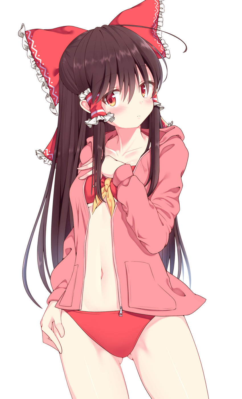 1girl ass_visible_through_thighs bangs bikini blush bow brown_hair commentary_request cowboy_shot eyebrows_visible_through_hair frilled_bow frills hair_between_eyes hair_bow hair_tubes hakurei_reimu hand_on_own_chest highres hood hooded_jacket jacket long_hair long_sleeves looking_at_viewer navel neckerchief open_clothes open_jacket pocket rankasei red_bikini red_bow red_eyes red_jacket revision sidelocks simple_background solo standing stomach swimsuit thighs touhou very_long_hair white_background yellow_neckwear