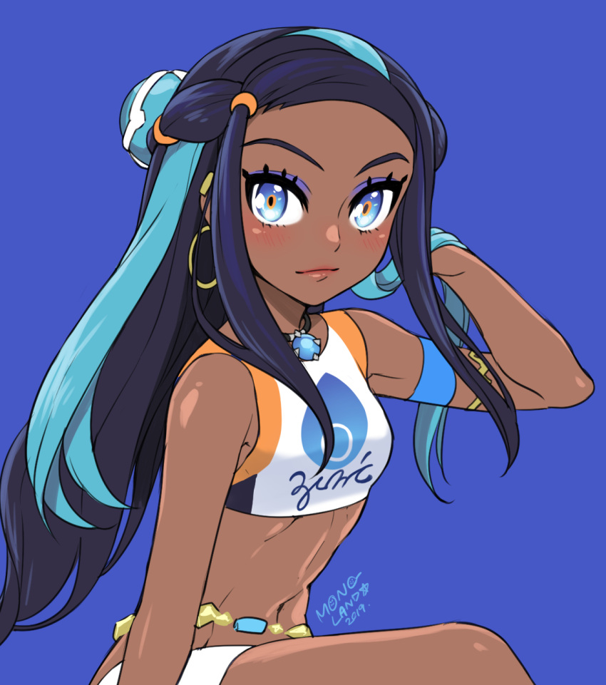 1girl 2019 bare_shoulders black_hair blue_background blue_eyes blue_hair closed_mouth commentary commentary_request cowboy_shot dark_skin earrings forehead hair_ornament hand_in_hair hand_up highres hoop_earrings jewelry long_hair looking_at_viewer mono_land multicolored_hair navel necklace pokemon pokemon_(game) pokemon_swsh rurina_(pokemon) shirt signature simple_background sitting sports_bra sportswear two-tone_hair v-shaped_eyebrows white_shirt