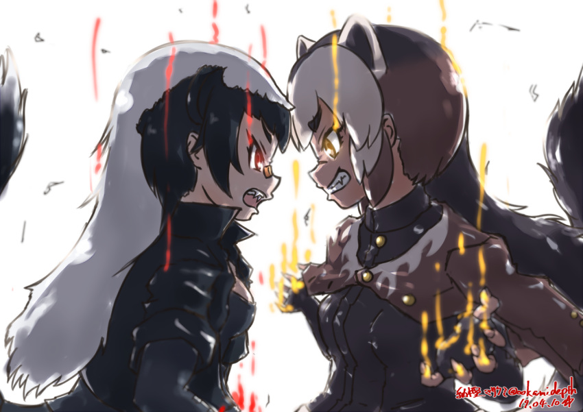 2girls angry animal_ears aura badger_ears badger_tail bandaid bandaid_on_nose bared_teeth black_gloves black_hair brown_hair claws clenched_teeth commentary_request dated elbow_gloves extra_ears eye_contact face-to-face facial_scar fangs fingerless_gloves gloves glowing glowing_eyes honey_badger_(kemono_friends) jacket_on_shoulders kemono_friends long_hair looking_at_another multicolored_hair multiple_girls nose_scar profile red_eyes scar signature simple_background tail teeth two-tone_hair white_background white_hair wolverine_(kemono_friends) yellow_eyes yonaka-nakanoma