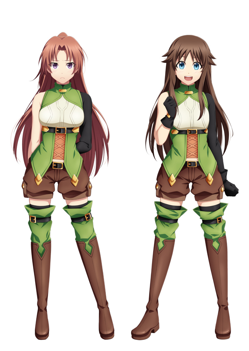2girls :d absurdres arms_behind_back asymmetrical_sleeves black_gloves black_sleeves blue_eyes boots brown_footwear brown_hair brown_shorts bustier closed_mouth cosplay floating_hair frown full_body gloves goblin_slayer! green_legwear high_elf_archer_(goblin_slayer!) high_elf_archer_(goblin_slayer!)_(cosplay) high_ponytail highres kankitukou long_hair long_sleeves looking_at_viewer multiple_girls open_mouth short_shorts shorts simple_background single_sleeve smile standing thigh-highs thigh_boots very_long_hair violet_eyes white_background