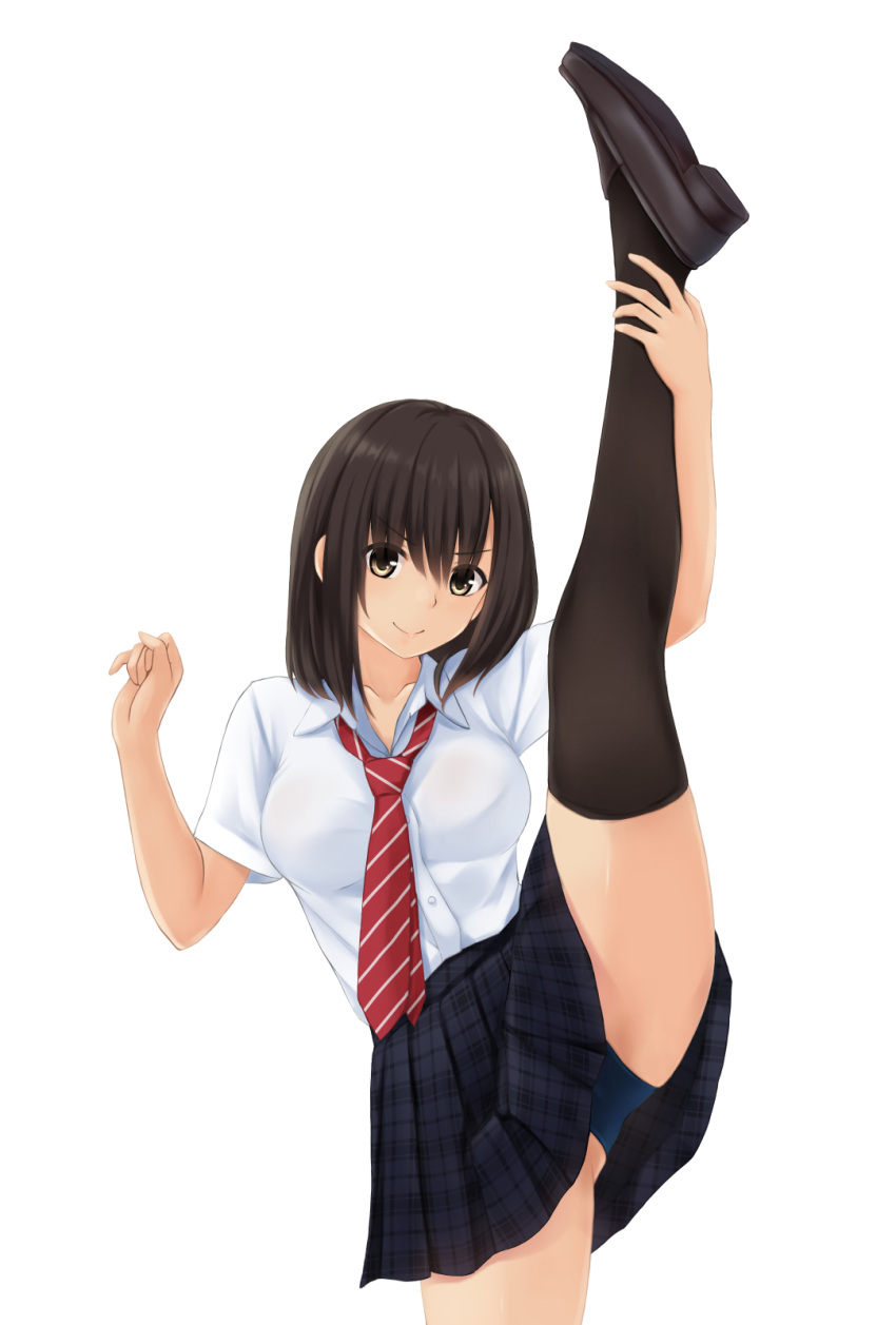 &gt;:) 1girl arm_up ass bangs black_skirt blue_panties breasts brown_eyes brown_footwear brown_hair brown_legwear closed_mouth collared_shirt commentary_request dress_shirt eyebrows_visible_through_hair hair_between_eyes hand_up highres leg_lift loafers medium_breasts nonaka_ritsu original panties plaid plaid_skirt pleated_skirt school_uniform shirt shoe_soles shoes short_sleeves simple_background skirt smile solo split standing standing_on_one_leg standing_split thigh-highs underwear v-shaped_eyebrows white_background white_shirt